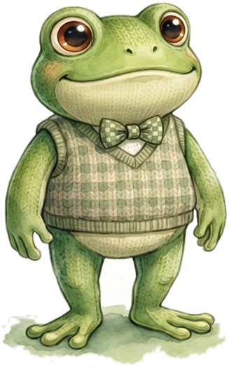 Quint, der Frosch aus dem Buch, steht mit Strickweste und Fliege auf einem Seerosenblatt