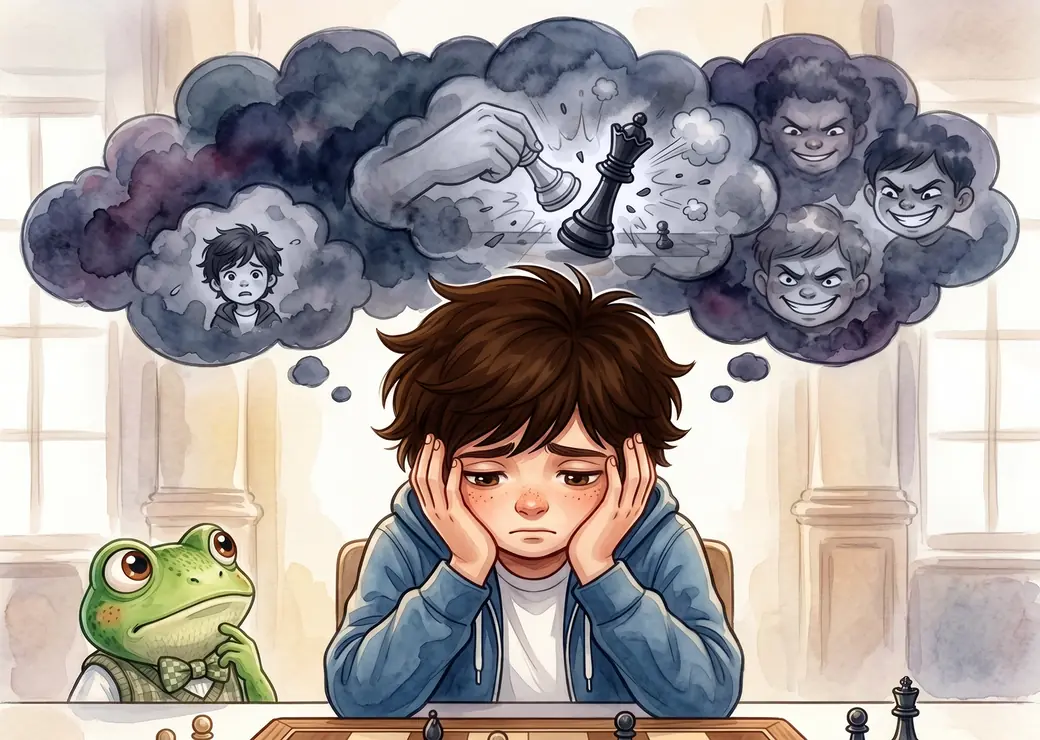 Illustration: Liam stützt den Kopf in die Hände, über ihm eine dunkle Wolke voller Grübelgedanken, Quint sitzt neben dem Brett