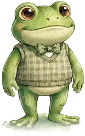 Quint, der Frosch aus dem Buch, steht auf einem Seerosenblatt