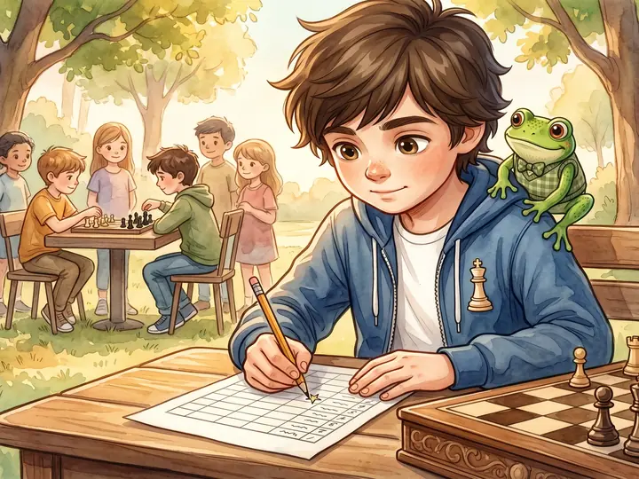 Illustration: Liam schaut mit Quint eine einzelne Stellung auf dem Brett an