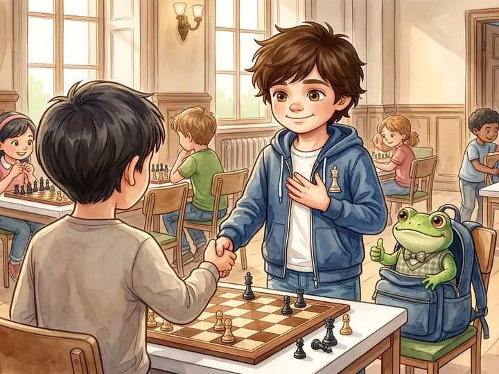 Illustration: Liam gibt seinem Gegner die Hand, Quint sitzt auf der Turniertasche